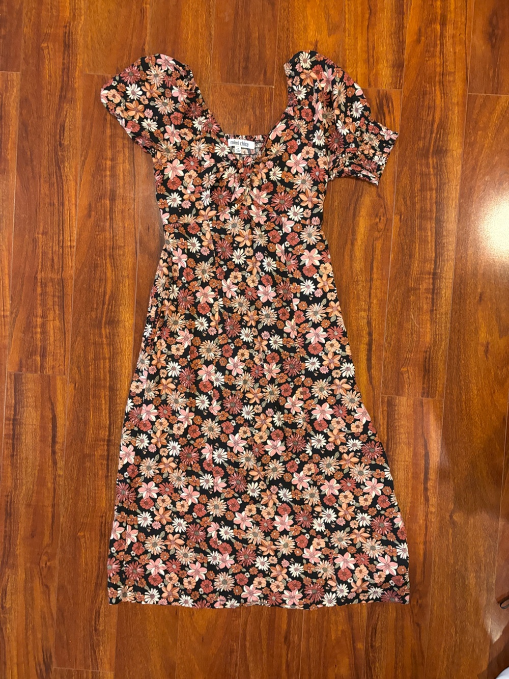 Mimi Chica Black Floral Midi Dress with Pink & Cream Blooms